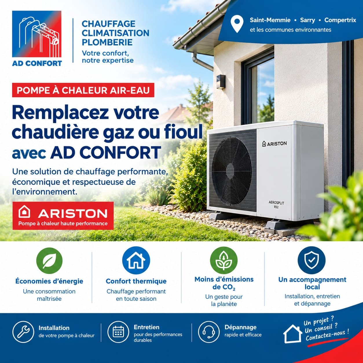 Découvrez la pompe à chaleur air-eau Ariston avec AD CONFORT, votre spécialiste du chauffage à Saint-Memmie